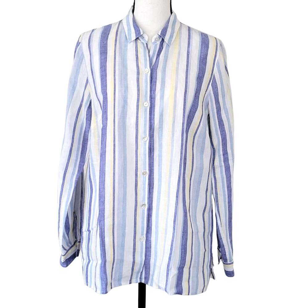 J Jill Love Linen Shirt Womens S Blue Yellow Stripe Coastal Casual Beachy Summer